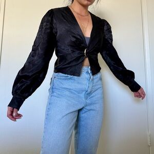 Zara Black Satin long sleeve top with Ring Detail size xs